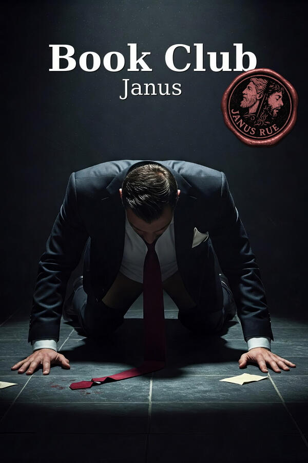 Book cover for Book Club by Janus Rue, featuring a dark minimalist design symbolizing formal submission and structured humiliation.