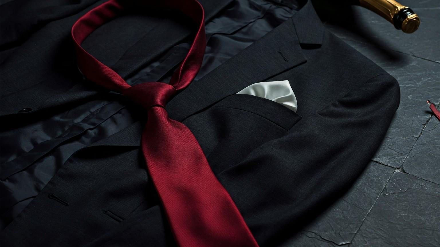 A crimson tie draped over a black suit jacket with a white pocket square, beside an open champagne bottle—symbolizing elegant male submission and the remnants of formal ritual use in Book Club.